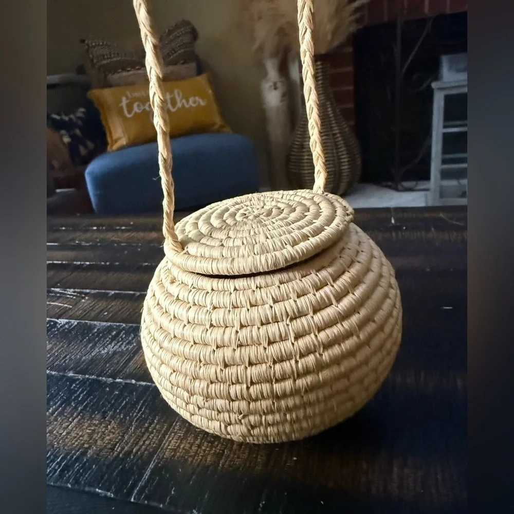 Baskets Round Pair Woven Lid Long Straps & added 3 more! (5 total)
